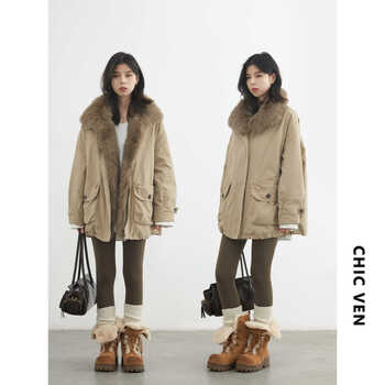 Chic ven 2025 winter new fox fur fur lapel down jacket parka warm goose down thick coat women chicven khaki (with fox fur collar) one size fits all (within 70 kg)