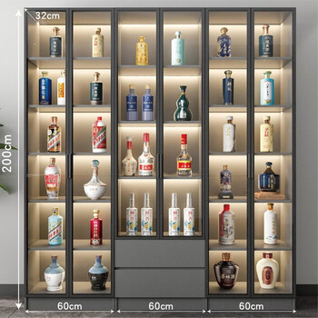 Zhong zhangguo living room glass multi-functional wine cabinet against the wall integrated display cabinet household light luxury high-end shelves wooden transparent 180x32x200 double door glass drawer glass dark gray delivery to home