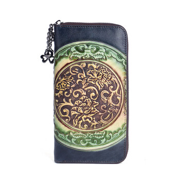 2025 new wallet long style embossed retro ethnic style clutch first layer cowhide coin card holder factory direct supply retro black