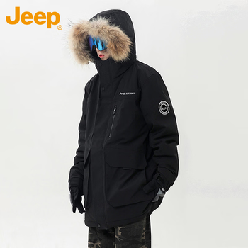Jeep jeep down jacket men's winter thickened fur collar hooded parka warm jacket men's black xl