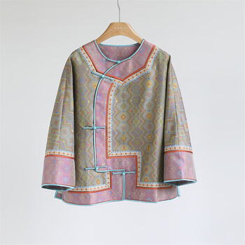 Fayinyoo jacquard silk symphony pattern chinese style jacket women's contrast color plate button pipa placket mixed new chinese top a51838 green pink m