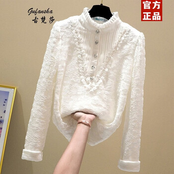Gufansha velvet lace shirt women's autumn and winter new long-sleeved stand-up collar thickened shirt women's half turtleneck lace bottoming shirt white s