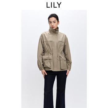 Lily2026 spring new women's retro shimmer stand collar waist loose casual commuting long sleeve work jacket 717 khaki s