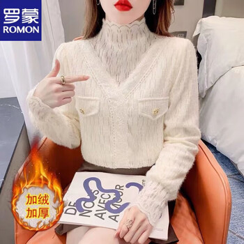 Romon half turtleneck lace bottoming shirt for women in autumn and winter, thickened velvet, fashionable, fashionable, high-end inner top, winter, apricot (plus velvet), thickened xl (110-120 pounds)