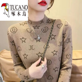 Woodpecker (tucano) internet celebrity two-piece plus velvet warm base sweater winter new fashion velvet long-sleeved t-shirt tops for women new arrival love coffee color 4xl recommended 140 150 pounds
