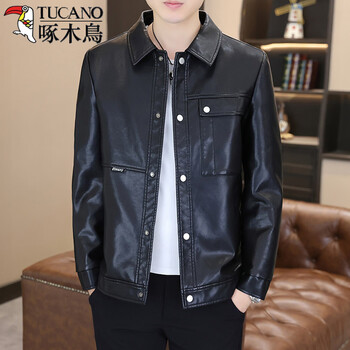 Woodpecker (tucano) 2026 new leather jacket men's spring and autumn trendy brand handsome overcome men's lapel trendy motorcycle leather jacket hg2421 black m 90-105 jin