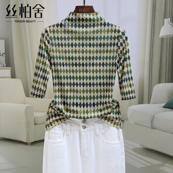 Sibaishe half turtleneck bottoming shirt 2026 spring new women's fashion diamond plaid slim short-sleeved top green diamond s