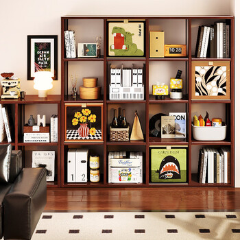 Meiyilai steel bookshelf household floor-standing lattice cabinet wrought iron free combination bookcase low cabinet storage rack storage storage cabinet single grid - wood grain color