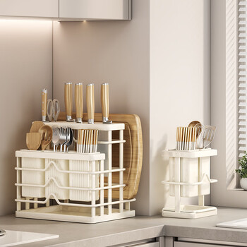 Home baili knife rack storage rack new kitchen knife cutting board chopping board chopstick barrel pot cover integrated multifunctional knife storage rack milk white nine knife holes + three chopstick barrels + chopping board rack + water tray