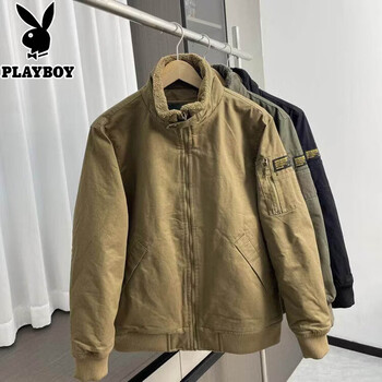 Playboy (playboy) american retro plus velvet warm men's autumn and winter versatile stand-up collar thickened workwear casual jacket khaki m recommended 100-115 catties