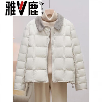 Yalu light down jacket women's short 2026 autumn and winter new korean style small fragrant lapel white duck down fashionable style jacket off-white l
