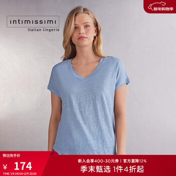 Intimissimi yi shuman women's comfortable and simple solid color v-neck linen short-sleeved bottoming t-shirt cm164w blue-550j m