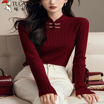 Woodpecker new chinese style stand collar button long sleeve sweater women's autumn slim fit bottoming shirt ankola red top burgundy s