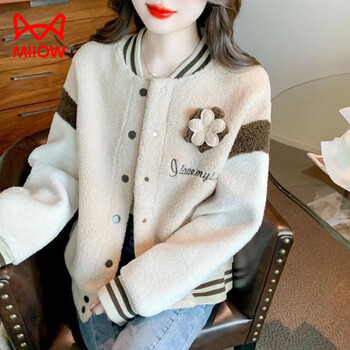 Miiow retro spliced sherpa jacket for women 2025 autumn and winter new street style thickened baseball uniform top apricot m
