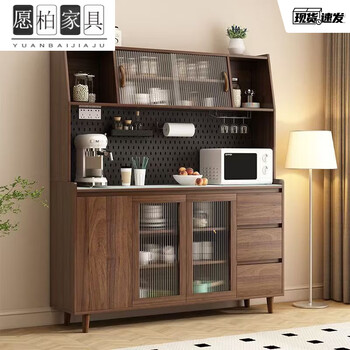 Yuanbai solid wood sideboard integrated wall-mounted nordic modern living room wine cabinet tea cabinet multi-functional kitchen storage storage cabinet solid wood walnut color glass door 80 (installation included)