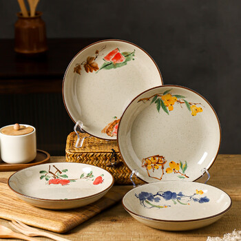Kawashimaya chinese retro plates, dishes, household 2025 new underglaze color tableware ceramic dinner plates, beautiful round plates, four packs, 8-inch round plates