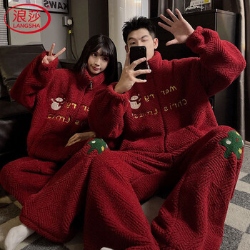 Langsha new year red couple pajamas autumn and winter coral velvet plus velvet thickened wedding new year of the horse home clothing xyl-66904 m female m male l