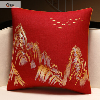 Xinjinngle pillow sofa living room light luxury high-end chinese style bedside pillow chinese style back cushion cover with core office cushion jiangshan picturesque doris linen red embroidery 40cm*60cm pillowcase separate pillow jacket (no pillow core)