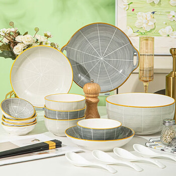 Persson underglaze color ceramic tableware and dishes set household rice bowls, dishes, dishes, chopsticks and tableware complete set jianmo 20-piece set