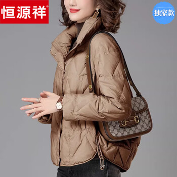Hengyuan xiangqiji red short down jacket women's winter clothing new style small middle-aged mother's clothing fashionable foreign style 90 white duck down khaki xl (suitable for 135-155 pounds)