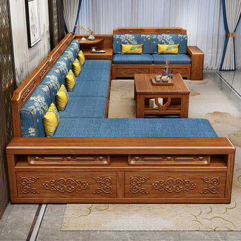 Shunju treasures golden walnut solid wood sofa combination all solid wood new chinese style wooden corner living room storage wood chinese style sofa five seats + concubine + corner cabinet + double seats + coffee table
