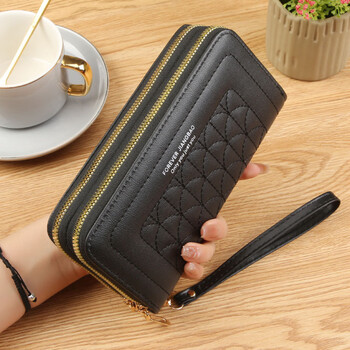2025 new women's wallet long double zipper clutch embroidered fashion large capacity soft wallet mobile phone bag black