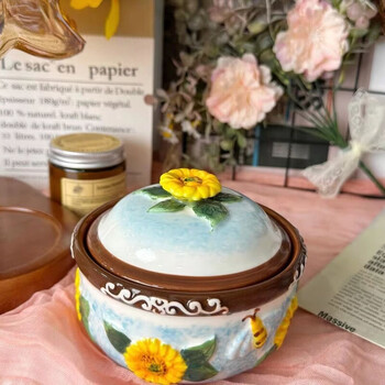 Yusenyi sunflower underglaze colored ceramic stew cup relief household high temperature resistant cover bowl 1 sunflower stew cup