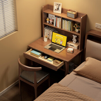 Pavini solid wood desk bookshelf integrated small apartment study table bedroom bedside office study desk walnut color - single table delivery to home 90cm