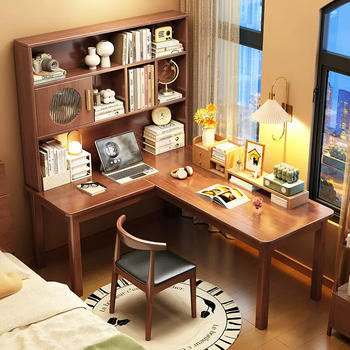 Yusenyi writing student corner integrated bookshelf table home desk solid wood table study desk bedroom corner computer table blue and white single table-horn chair 120x120x190cm