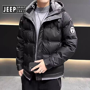 Jeep spirit jeep short down jacket men's winter thickening 2025 new fashion versatile cold-proof and warm hooded winter jacket 3929 black hooded non-detachable xl 121-140 catties
