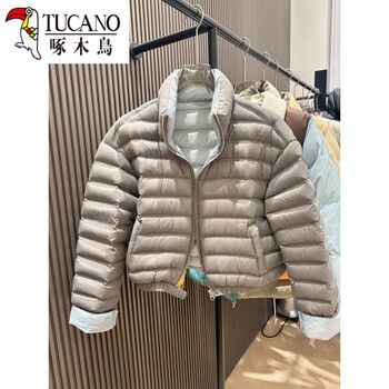 Woodpecker (tucano) korean version 2026 winter new down jacket women's short contrast stand collar 90 white duck down ribs reversible jacket trendy gray s