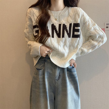 Xiaohongshu popular short letter sweater for women spring and autumn 2025 new large size fat mm korean style chic top white knitted sweater fashionable shoulder/m recommended 80-100 pounds