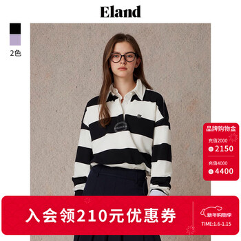 Eland striped t-shirt women's polo collar college style loose and comfortable long-sleeved top 2025 winter new style black (19) black s 160