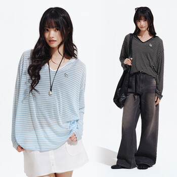 Pso brand women's tencel thin sheer v-neck cute puppy striped hooded loose casual long sleeve blouse t-shirt striped light blue lightblue s