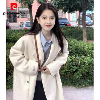 Pierre cardin white coat for women 2025 new winter style korean style small hepburn style loose mid-length woolen coat milky white high quality no pilling s 100-115 pounds