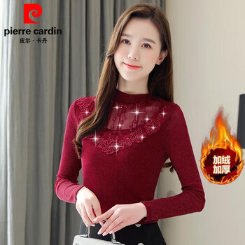Pierre cardin autumn and winter women's embroidered western-style shirt thickened and velvet women's lace bottoming shirt long-sleeved t-shirt warm top burgundy plus velvet style thickened m recommended under 100 pounds