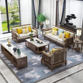 Yusenyi new chinese solid wood sofa combination simple large and small apartment living room fabric ash light luxury whole house furniture customization 3-1-1-coffee table-corner table x2 ebony wood