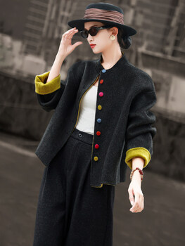 Lancer 2025 new winter style retro contrast color stand collar 100 sheep wool colorful button short woolen jacket dark gray s