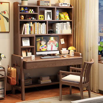 Huixun solid wood desk bookshelf integrated table student home small bedroom bedside computer desk bookcase combination study table fas grade rubber wood without veneer walnut #desk + bookshelf 100cm*60cm*79cm total height 187cm