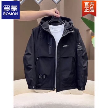 Romon's new autumn design hooded jacket, windproof jacket, men's fashion splicing trendy versatile work jacket, black m (recommended 90-110 pounds)
