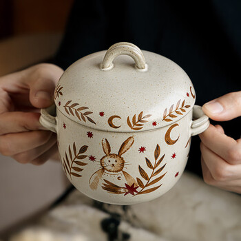 Youcci star leaf rabbit exquisite retro double-eared small stew pot with lid for one person ceramic soup cup special bird's nest stew bowl steamed egg cup 4-inch pitted double-eared small stew pot-xingye rabbit