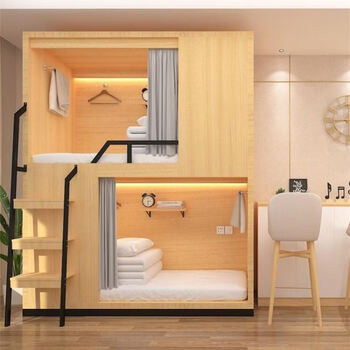 Pick up cat hotel staff bunk bed company adult double bed b&b two-story bunk dormitory i13 log color particle board with accessories curtains x2 mattresses x2 1200mmx2000mm only high and low beds
