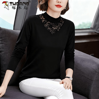 Woodpecker half turtleneck lace bottoming shirt for women in autumn and winter new style plus velvet long-sleeved t-shirt slim fit inner top black l 105 to 115 pounds