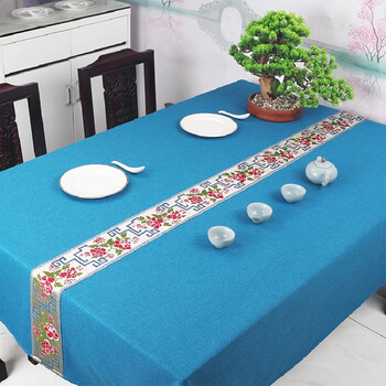 Yusenyi new chinese style waterproof table cloth tea table cloth zen tea mat rectangular cover cloth tablecloth rich peony-lake blue 130*130cm