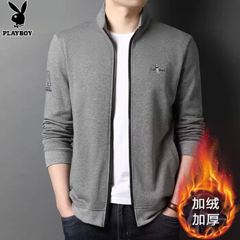 Playboy (playboy) men's pure cotton velvet jacket spring and autumn new casual stand-up collar thickened warm jacket men's loose top men's velvet gray thickened xl 175