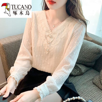 Woodpecker (tucano) velvet thickened autumn and winter new style bottoming shirt for women, fashionable inner top, versatile chiffon lace shirt, apricot color, thin section, l 100-110 catties