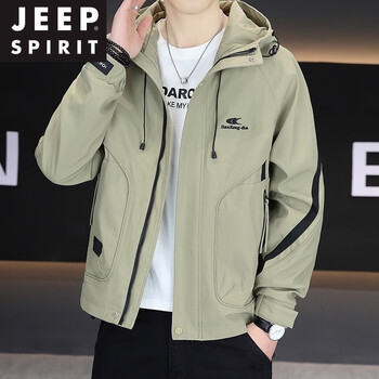 Jeep spirit men's work jacket 2026 spring and autumn new fashion trend handsome hooded jacket student versatile jacket green 2xl