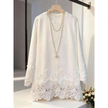 Fuxia mid-length bottoming shirt to cover buttocks, high-end thickened plus velvet, large size german velvet lace splicing bottoming shirt to cover buttocks t-shirt, white, warm 250g german velvet, l 110-140 catties