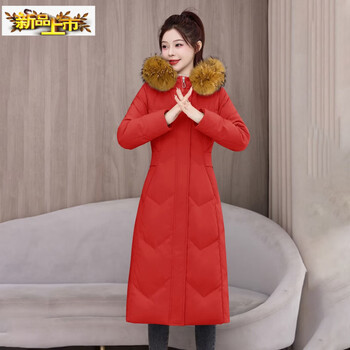 Chujing brand long down jacket women's winter new slim fit mid-length over-the-knee thickened white duck down jacket red + natural raccoon fur collar down jacket m recommended 85kg-105kg