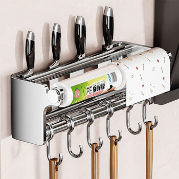 Mud kitchen hook rack, punch-free hanging rod, wall-mounted stainless steel kitchen utensils and paper towel storage rack, stainless steel bright 30cm+6 hooks, can hold knives and hanging objects